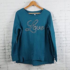 XERSION TEAL GREEN LONG SLEEVE PULLOVER LIGHTWEIGHT SWEATSHIRT WITH LOVE PRINT
